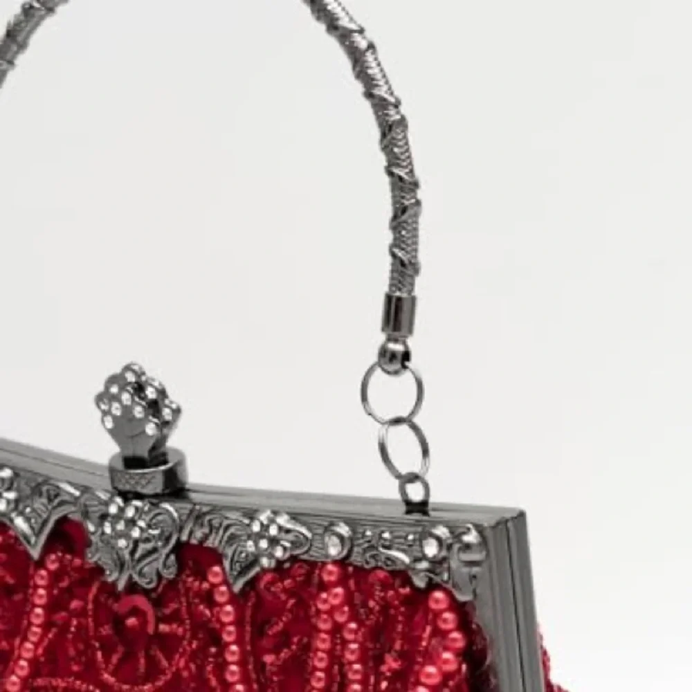 Red Beaded Evening Crossbody Bag with Silver Hardware - Picture 6 of 10